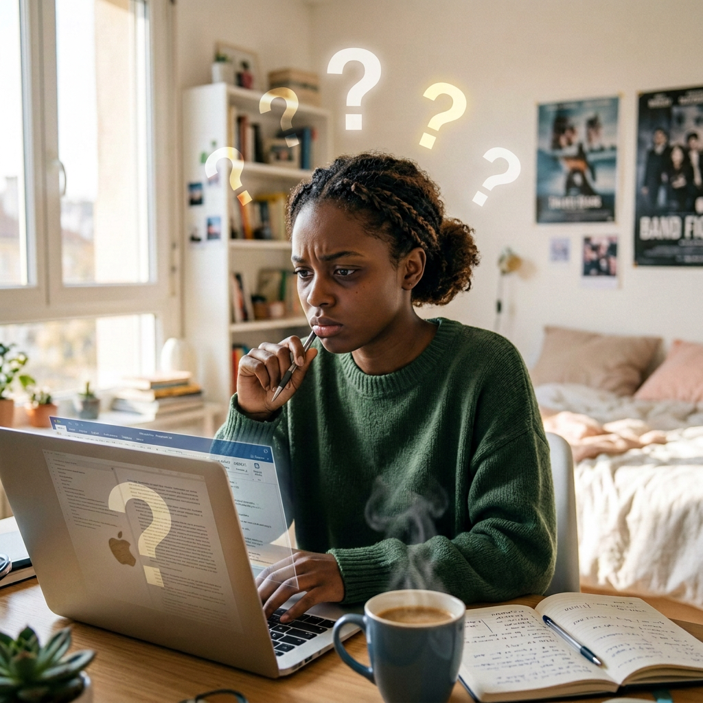 Young woman sitting at a desk with laptop, looking confused and thoughtful
